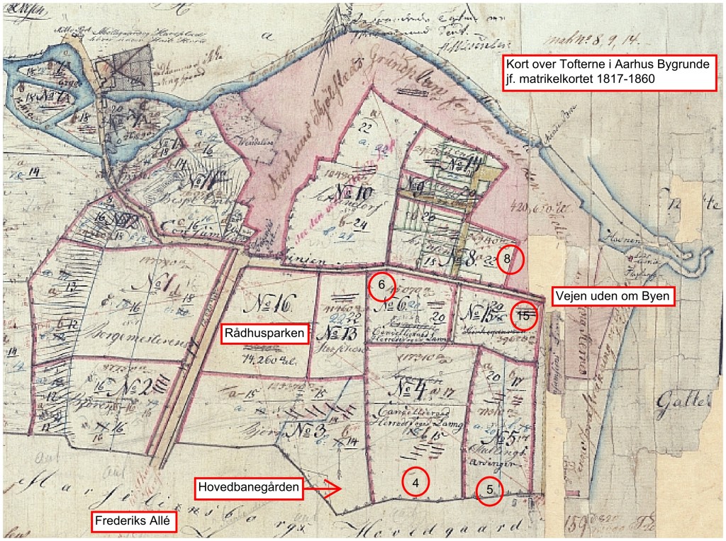 Grundstykkerne i Aarhus Købstad mellem åen og sognegrænsen til Viby i perioden 1816-1860.