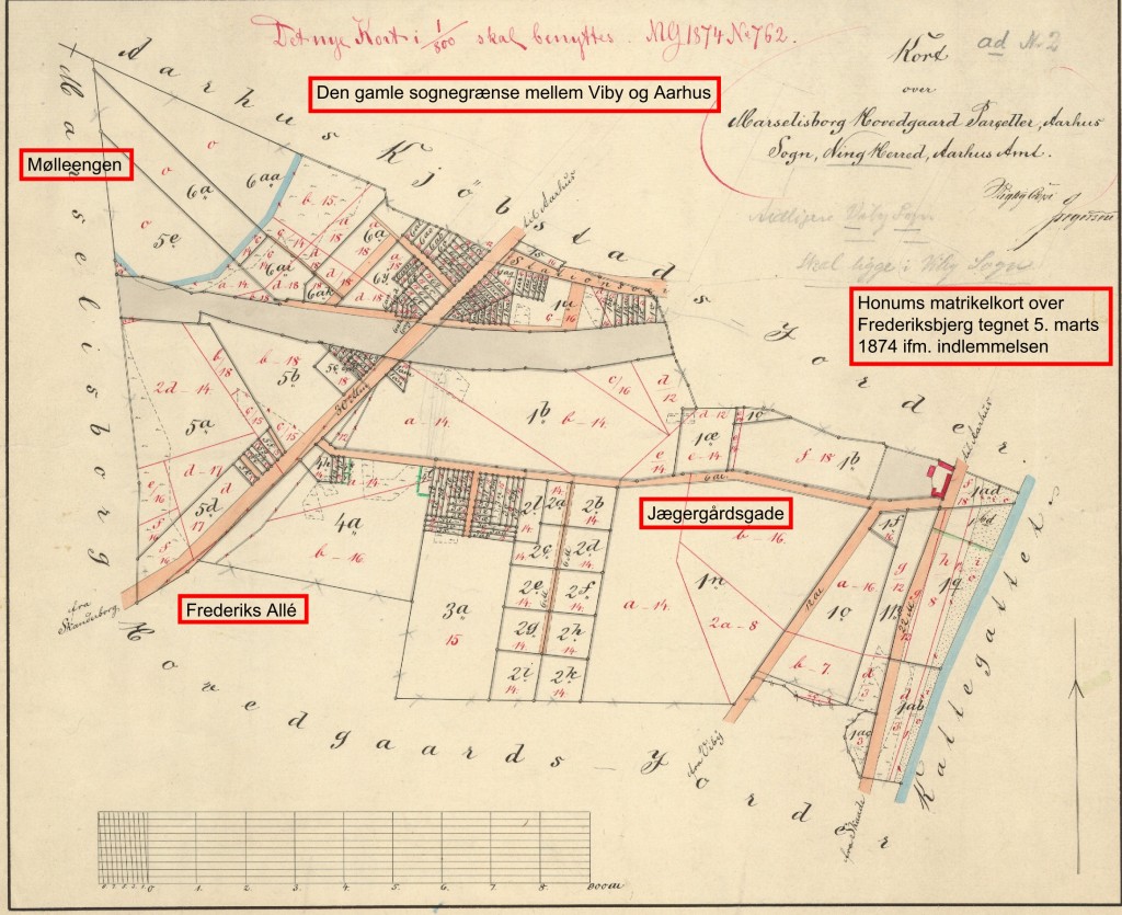 Kort over den del af Marselisborg Hovedgård Parceller, som blev indlemmet i Aarhus pr. 1. januar 1874. Tegnet af Honum 5. marts 1874. Original: Geodatastyrelsen.